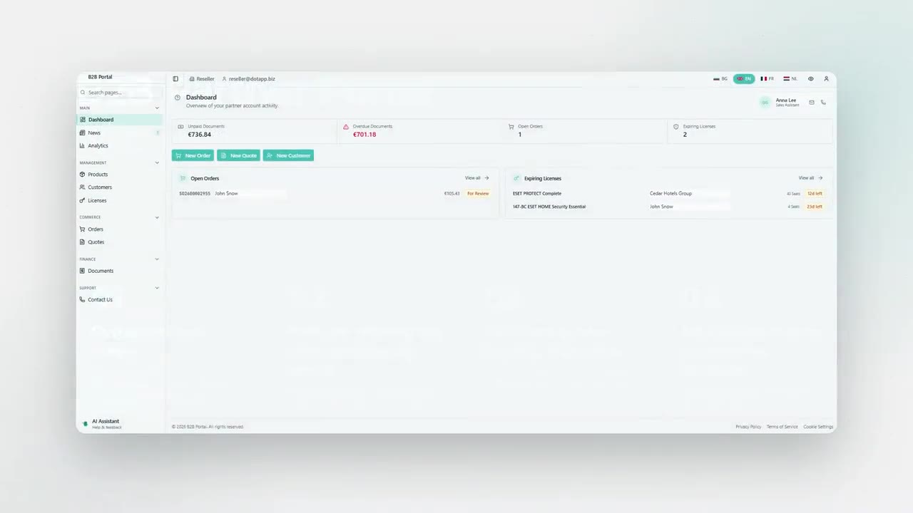 The reseller dashboard, licenses and a renewal in the B2B partner portal